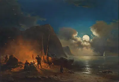 Романтический костер при лунном свете by Иоганн Антон Кастель, 1850 — digital art print download