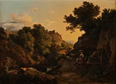 Итальянская горная сцена, женщина у фонтана by Карой Марко, 1836 — digital art print download