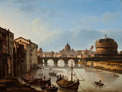 View Of The Tiber In Rome, Showing St. Peter's And The Castle Of St. Angelo by Michelangelo Pacetti, 1835 — digital art…