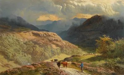 Горное озеро с фигурами и скотом by Сидни Ричард Пёрси, 1871 — digital art print download
