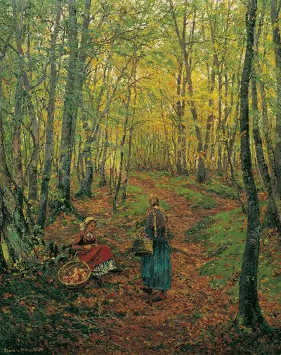 Лесная чаща с девочкой, ищущей грибы by Теодор фон Хёрманн, 1892 — digital art print download
