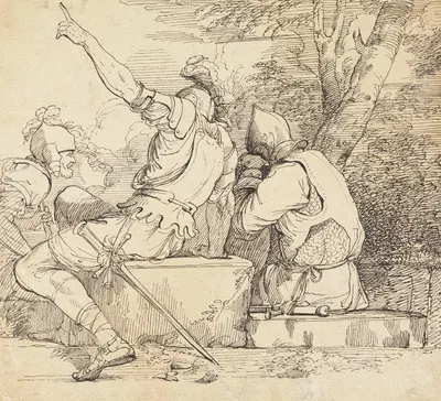 Three Soldiers in Armour Sitting on Stone Blocks by Джон Гамильтон Мортимер — digital art print download