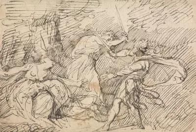Two Men Fighting Before a Woman by Джон Гамильтон Мортимер, 1771 — digital art print download
