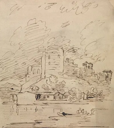Castle with a Round Tower Above a River by Joseph Farington — digital art print download