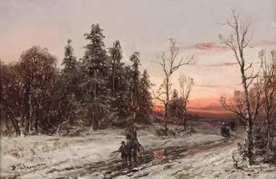 Возвращающиеся сборщики хвороста в зимний вечер by Адольф Штадеманн — digital art print download