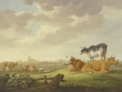 Auf einer Wiese Kühe und Schafe, in der Ferne eine Stadt, links eine Melkerin by Аельберт Кёйп — digital art print download