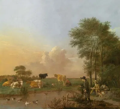 A Pond Landscape With A Draughtsman, A Fisherman And Grazing Cattle by Albert Jansz. Klomp — digital art print download