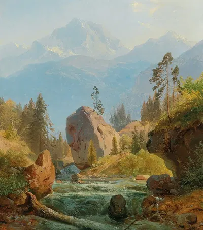 Горный пейзаж с ручьем by Альберт Циммерманн — digital art print download