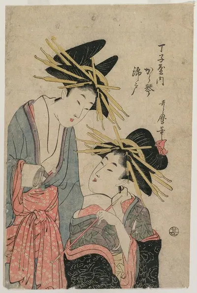 The Courtesans Karagoto and Nishikido of Chojiya by Kitagawa Utamaro II — digital art print download