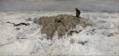 Flock of sheep with shepherd in the snow by Anton Mauve — digital art print download