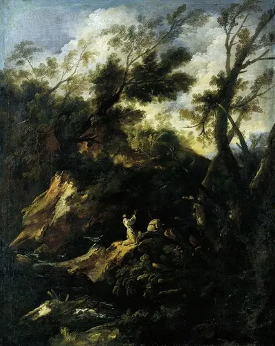 Пейзаж с двумя молящимися монахами by Антонио Франческо Перуццини, 1695 – 1697 — digital art print download