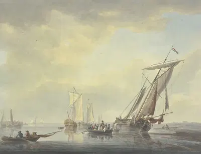 На пляже стоят барки, лодка с множеством людей, среди которых есть военные, направляется к берегу by Ари Ламме — digital…
