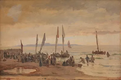 Возвращающиеся рыбаки на пляже Хорнбэк by Карл Нойман, 1848 – 1891 — digital art print download