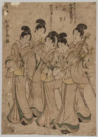 Молодые женщины с музыкальными инструментами by Кикукава Эйзан, 1787-1867 — digital art print download