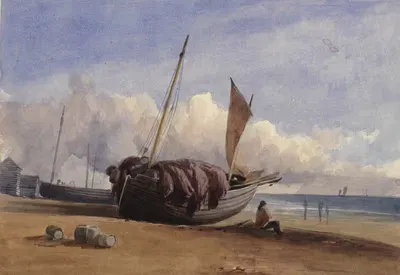 Beached fishing boat with seated fisherman by Charles Bentley, 1835 – 1864 — digital art print download