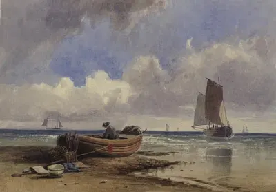 Fishing boat on the shore at Hastings by Charles Bentley, 1835 – 1864 — digital art print download