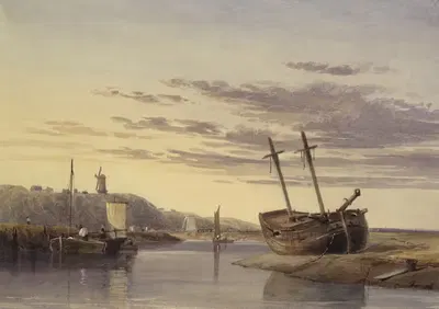 Fishing boats in Rye Harbour, with a windmill in the distance by Charles Bentley, 1850 – 1855 — digital art print download