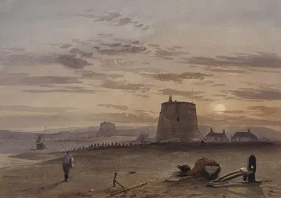 Martello Tower at St. Leonards against setting sun by Charles Bentley, 1835 – 1864 — digital art print download