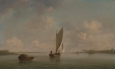 Яхта под парусом на легком ветру в реке by Чарльз Брукинг, 1756 - 1759 — digital art print download
