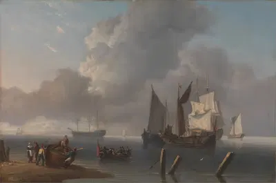 Военные корабли у берега, командующий адмирал гребет к флагману, его паруса освещены... by Чарльз Мартин Пауэлл — digital…