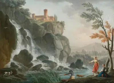 Рыбалка на краю реки с водопадом, под замком by Шарль-Франсуа Гренье де Лакруа, 1778 — digital art print download