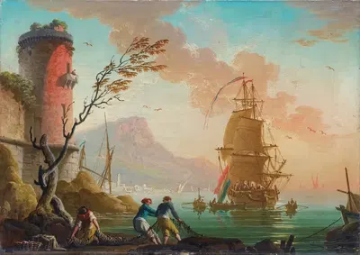 Рыболовная сцена в гавани by Шарль-Франсуа Гренье де Лакруа, 1777 — digital art print download