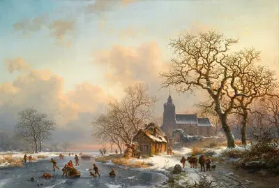 Зимний пейзаж с конькобежцами на замерзшей реке by Фредерик Мариус Крусман, 1867 — digital art print download