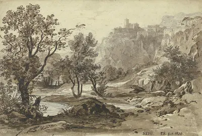 Ansicht von Nemi, im Vordergrund der Nemisee by Friedrich Salathé, 1830 — digital art print download