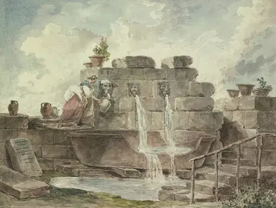 A Roman Fountain with a Woman Collecting Water by Hubert Robert, 1792 — digital art print download