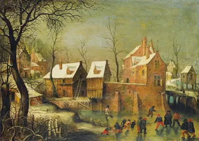 Городской пейзаж с катками на замерзшей реке by Якоб Гриммер — digital art print download