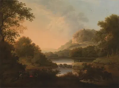 Figures with a Donkey and Dog Crossing a Weir by James Lambert of Lewes — digital art print download