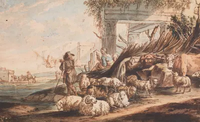 Пастух с овцами и коровой среди руин by Ян Баптист Виникс, 1600 - 1700 — digital art print download
