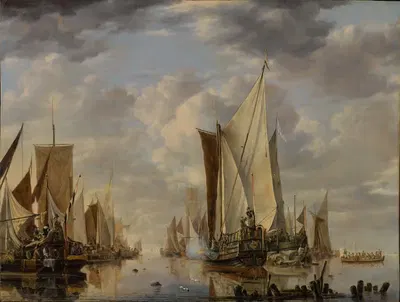 Shipping in a Calm at Flushing with a States General Yacht Firing a Salute by Jan van de Cappelle — digital art print…