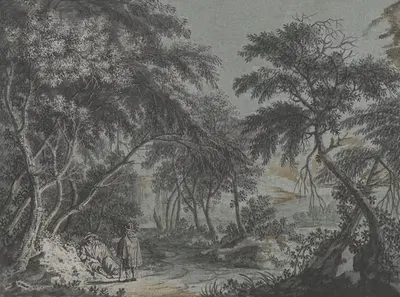 Ausgang aus dem Wald, links zwei rastende Wanderer in Mänteln by Johann Caspar Zehender — digital art print download