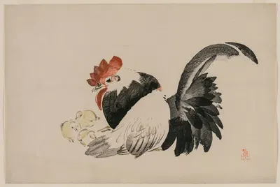 Rooster, Hen, and Chicks by Сибата Зэшин — digital art print download