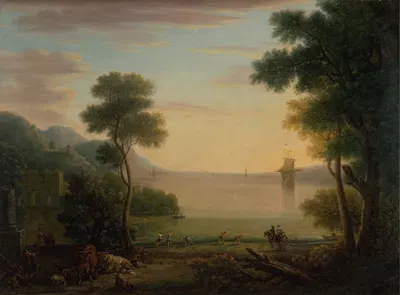 Классический пейзаж с фигурами и животными; Закат by Джон Уоттон, 1754 — digital art print download