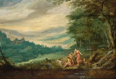 Venus Mourning Adonis In A Panoramic Wooded Landscape by Йос де Момпер — digital art print download