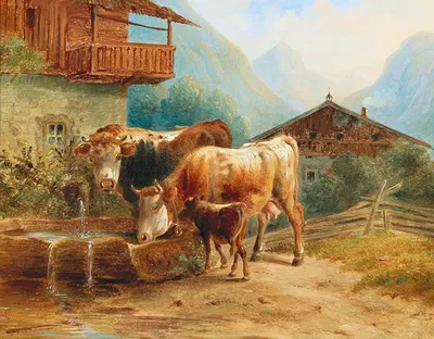 Kühe An Der Tränke by Joseph Heicke — digital art print download