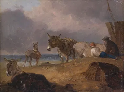 Donkeys and Figures on a Beach by Julius Caesar Ibbetson — digital art print download