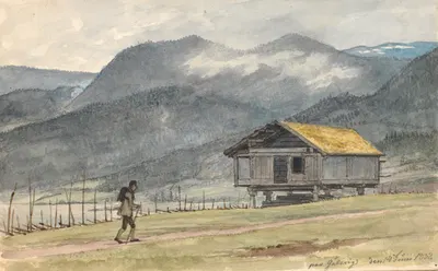 Fjeldlandskab med hytte og vandrer by Martinus Rørbye, 1831 - 1832 — digital art print download