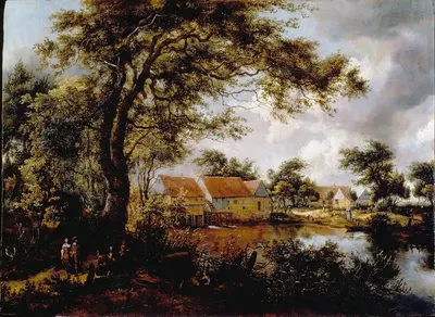 Wooded landscape with a Water-mill by Meindert Hobbema — digital art print download