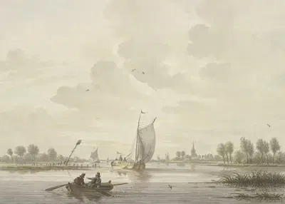 На реке плывут несколько барж, впереди – гребная лодка by Николас Викаарт — digital art print download