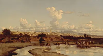 В восточном пейзаже караван движется через реку by Прозпер Марилья, 1826-1847 — digital art print download
