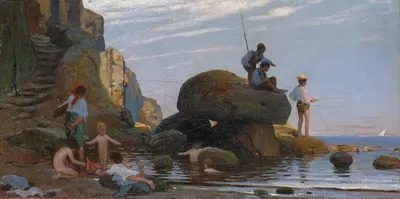 Рыбак и купающиеся дети на пляже by Теофил Прайсверк, 1873 — digital art print download