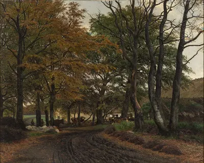 En opkørt vej under gamle træer by Viggo Pedersen, 1882 — digital art print download