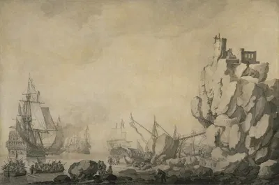 Ships and Militia by a Rocky Shore by Виллем ван де Вельде Старший — digital art print download