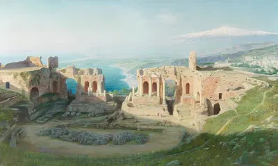 Вид на амфитеатр в Таормине с Этной на заднем плане by Адольф Бёхм — digital art print download