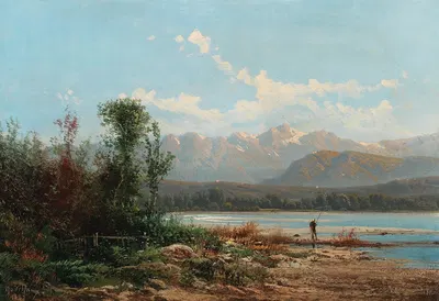 Гористый пейзаж с озером и рыбаком by Альфред Годшо, 1882 — digital art print download