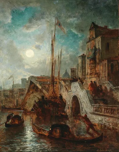 Venice, A Canal in the Moonlight, with Santa Maria della Salute in the Background by Andreas Achenbach — digital art print…