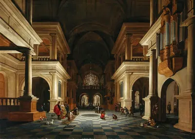 The interior of a church with elegant figures by Anthonie de Lorme, 1632 — digital art print download